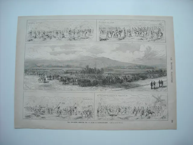 Gravure 1875. Paris. La Grande Revue Du 13 Juin A Longchamp. Par M. Valnay.