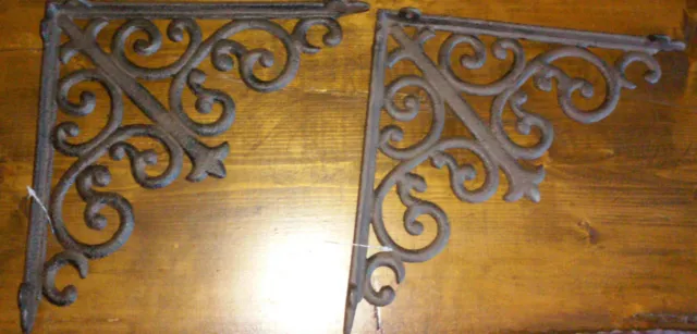 Set Of 2-Large Heavy Duty Brown Cast Iron Brackets With Scrolls-10"