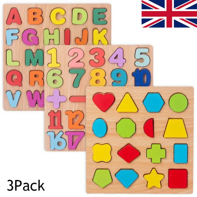 Kids Educational 3D Puzzle Toy Wooden Board Colourful ABC Alphabet Number Shapes