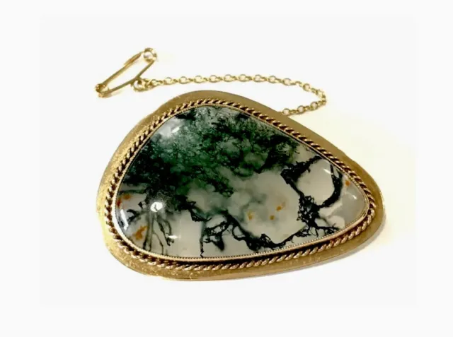 Vintage 9ct Gold Scottish Agate Brooch Large Stone Moss Agate