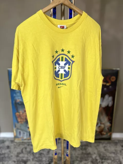 Vintage Nike Brasil Brazil Football Soccer Yellow T-Shirt CBF Ronaldinho Mens XL