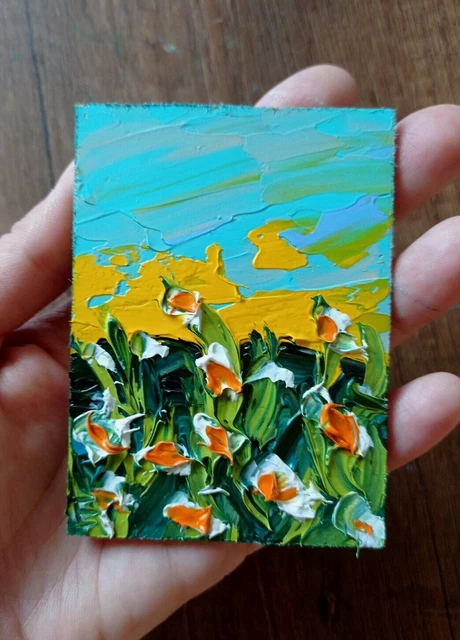 ACEO Obra de arte original Margaritas Pintura al óleo Arte Campo Flores...