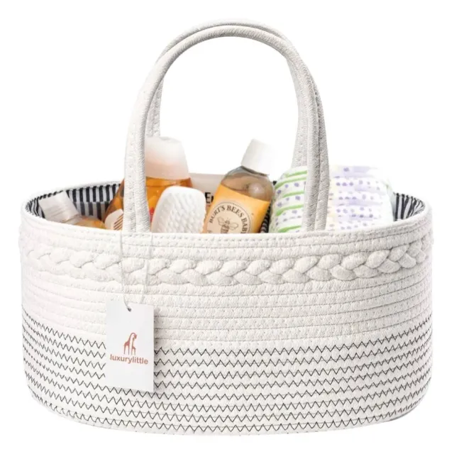 Diaper Caddy Organizer, Large Cotton Rope Nursery Basket with Removable Divider