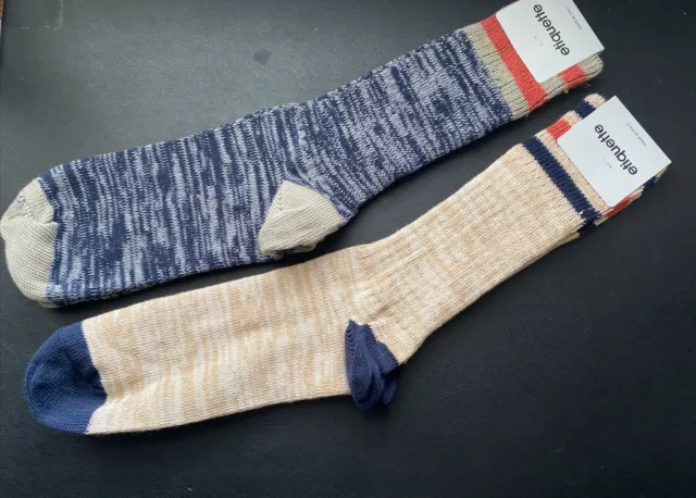 2 Pair Etiquette Roppongi Men's US Sz 8-12 Cotton Blend Crew Socks Tan Blue NWT