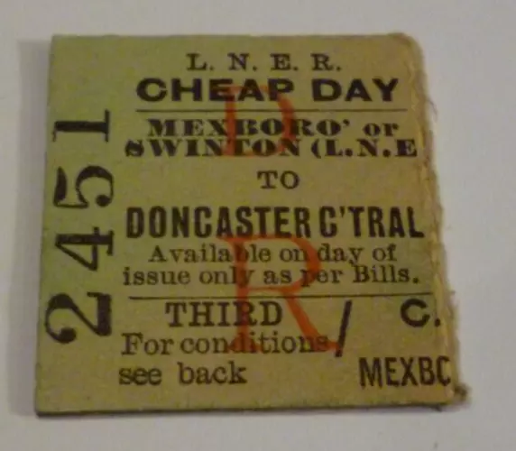 1934 LNER Mexborough or Swinton to Doncaster Central Railway Station Ticket