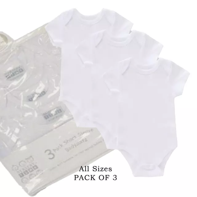 Baby Vests Bodysuits Pack of 3 White Short Sleeved 100% Cotton Nursery Time