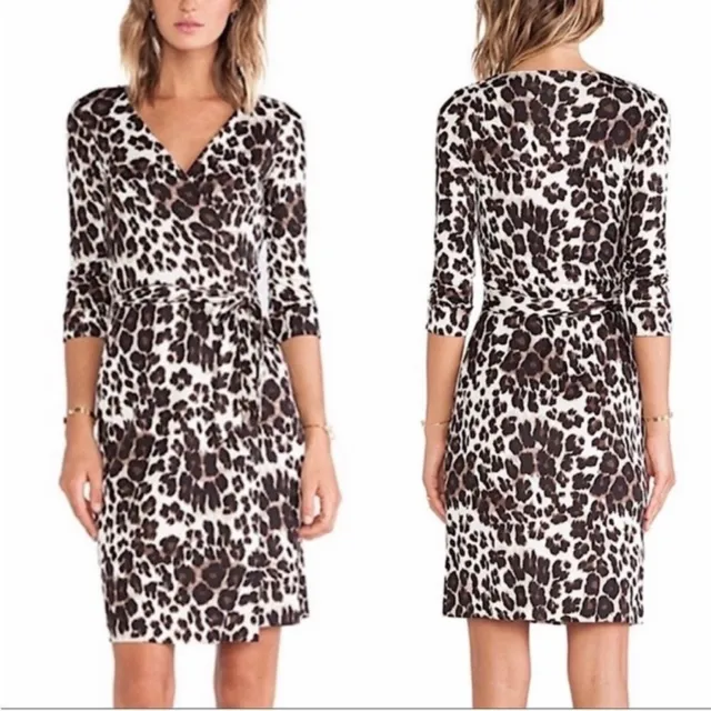 Diane Von Furstenberg DVF Julian Two Wrap Dress Silk Jersey Snow Cheetah Size 4
