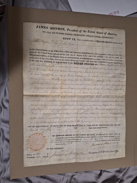 President James Monroe Signed Boldly Autograph Land Grant Doc 1821 Ohio River President James Monroe Signed Boldly Autograph Land Grant Doc 1821 Ohio River
