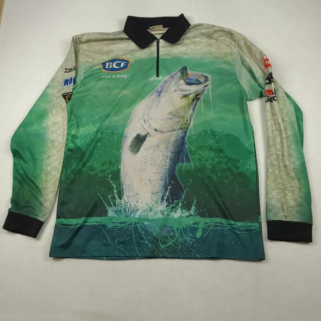 BCF Polo Shirt Long Sleeve Fishing Green Size M Zip Adult Logo Fish Angler 3