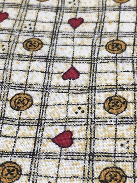 Cotton Fabric Tiny Golden Buttons Red Hearts Beige & Black  Check 1 Yard x 44" W
