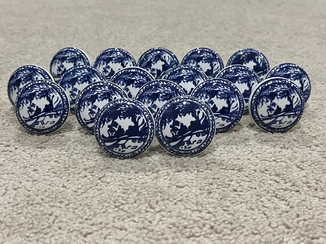 18 Vintage Porcelain Drawer Pulls Knobs With Blue Abstract Design