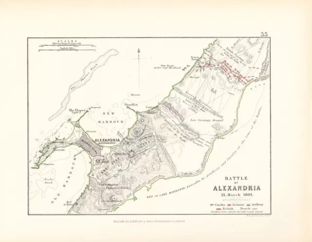 MAP/BATTLE PLAN ~ BATTLE OF ALEXANDRIA ~ 21st MARCH 1801 ~ FRENCH & BRITISH