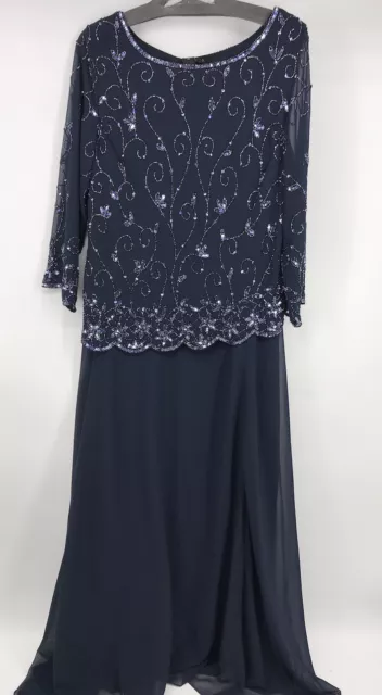 J Kara Sz 14 Navy Blue Women's Lace-Overlay Embellished Mock Two-Piece Gown NWT