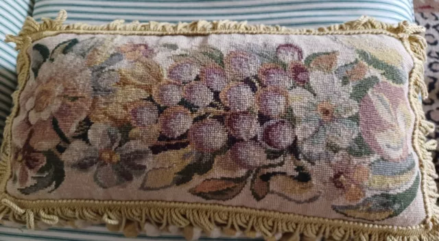 Vintage Grapes/Floral Petit Point Needlepoint Tassled Edge Pillow 20"x12"