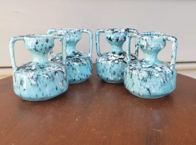 Four Cabinet Vases Fine Italian Aqua Blue and White Pair Chinoiserie Spatter VTG