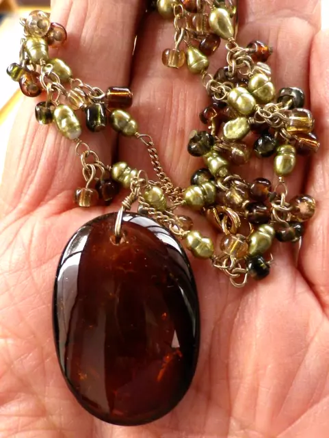 Cluster Pearl & Small Bead Necklace Drop Pendant  Earth Colors