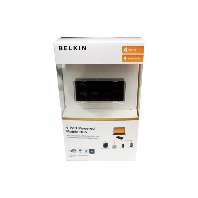 New In Box Belkin USB 2.0 4 Port Powered Mobile Hub F5U404PukBLK Black