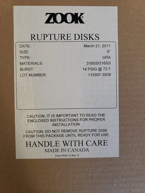 Zook 6 Inch Rupture Disk