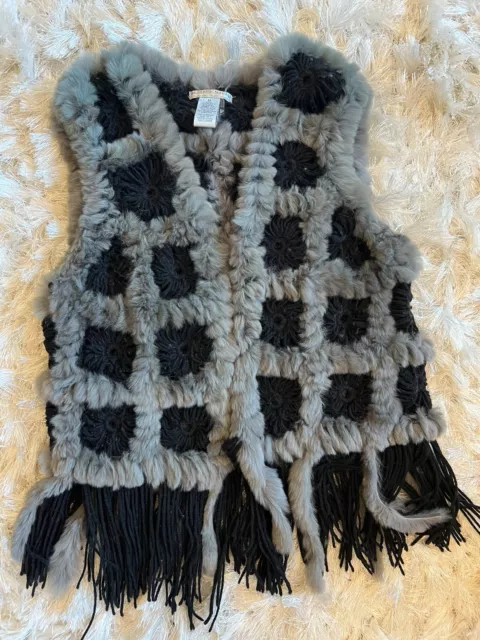 Alberto Makali part Rabbit Fur Crochet Vest/ Black, Gray w/ Fringes Size Medium