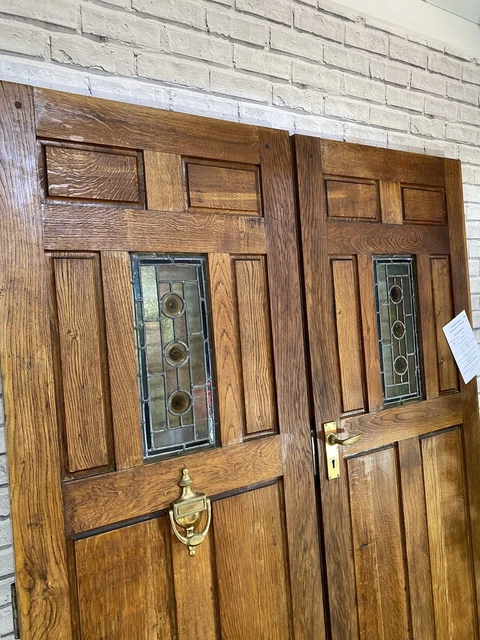 RECLAIMED OAK DOUBLE DOORS - PAIR - (Leaded Glass) - ANTIQUE FRONT ENTRANCE