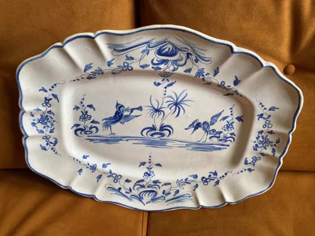 Ancien Grand Plat A Suspendre Faience Achard Moustiers Oiseau Bleu Deco