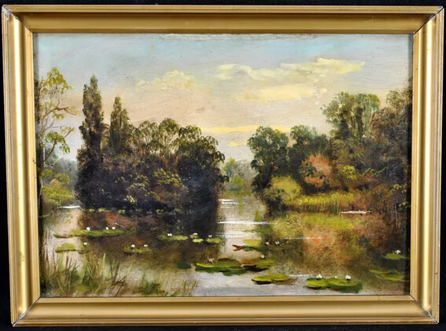 James Isaiah Lewis (1861-1934) The Lily Pond Antique Landscape Oil Painting