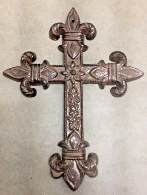 Large FLEUR DE LIS CROSS Antique Brown Patina Finish for wall mounting 9" x 12"