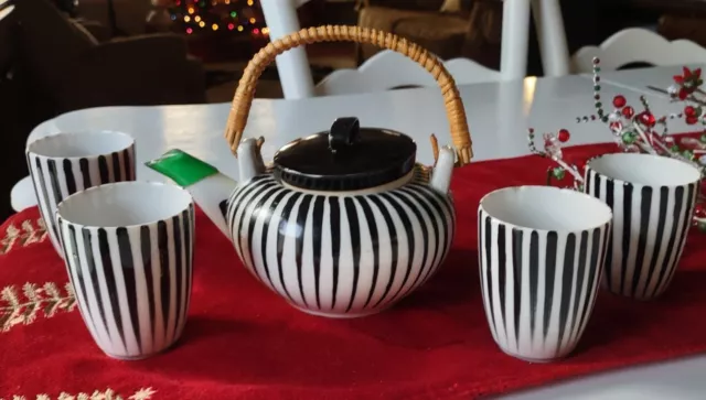 Japan MCM Black White Porcelain teapot tea set striped 6" Mid century Retro