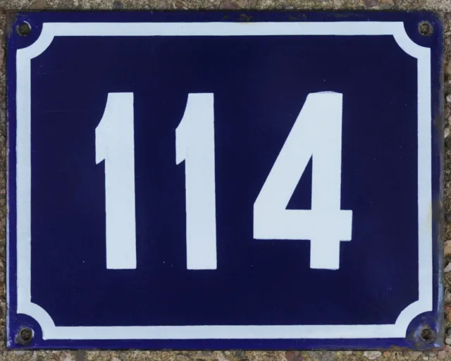 Large old blue French house number 114 door gate plate plaque enamel sign NOS