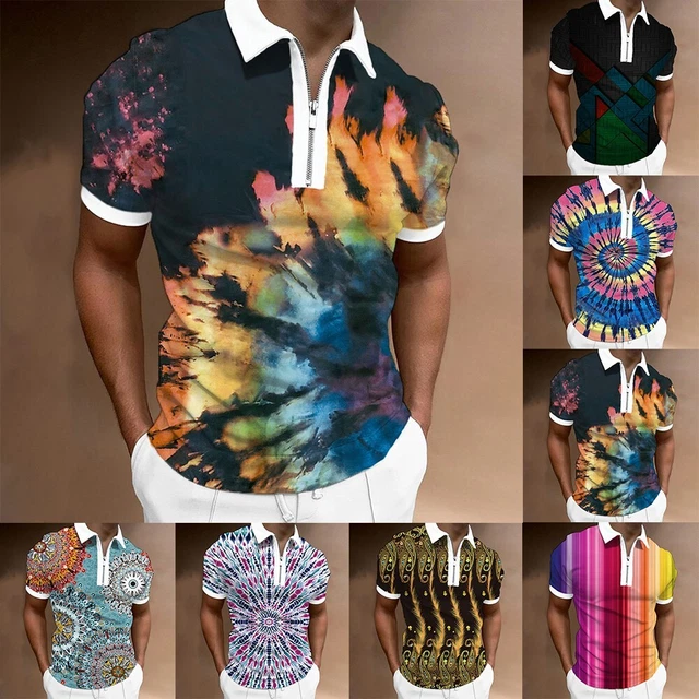 Uomo Manica Corta Moda Stampa Camicia Casual Slim Fit Sport Zip Maglia di Tee