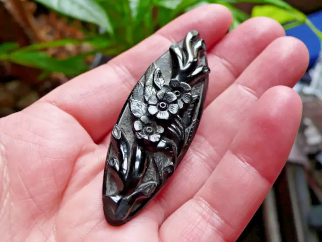 Victorian Carved Whitby Jet Forget Me Not Mourning Brooch