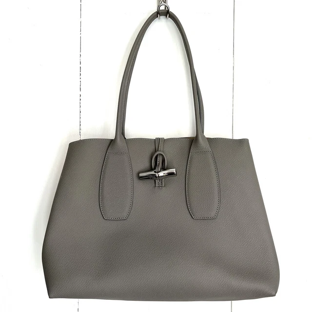 Longchamp Roseau Large Turtledove Gray Toggle Leather Shoulder Tote Bag Purse