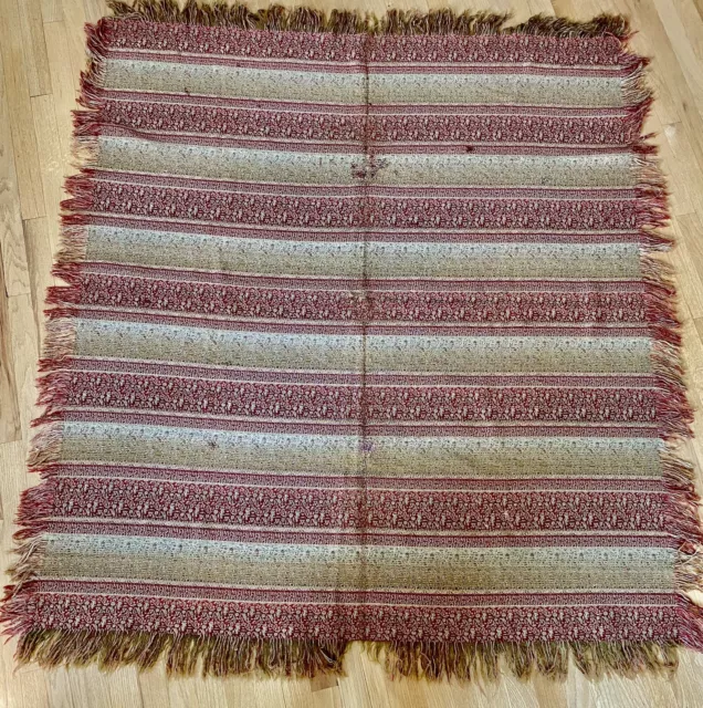 19th C AMERICAN HOMESPUN WOOL QUILT BLANKET TABLE CLOTH GREAT PATTERN