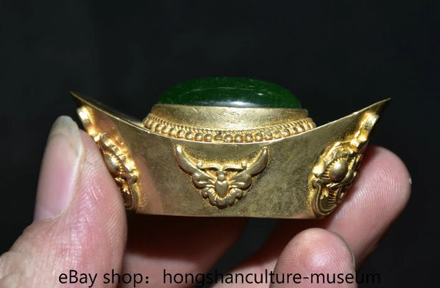 2" Ancient chinese bronze inlay green jade dynasty palace sycee yuan bao