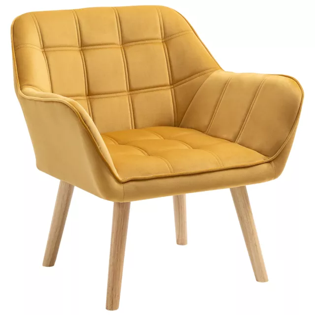 HOMCOM Luxe Velvet-Feel Accent Chair w/ Wide Arms Slanted Back Wood Legs Yellow