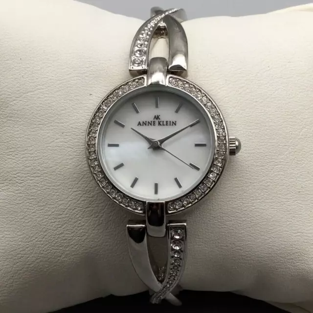 Anne Klein Watch Women 26mm Pave Silver Tone MOP Dial  New Battery 6.5"