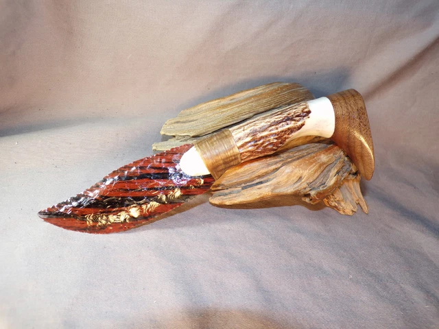 Mahogany Obsidian Bowie Knife w Elk Antler Walnut End Cap Handle Flint Knapping