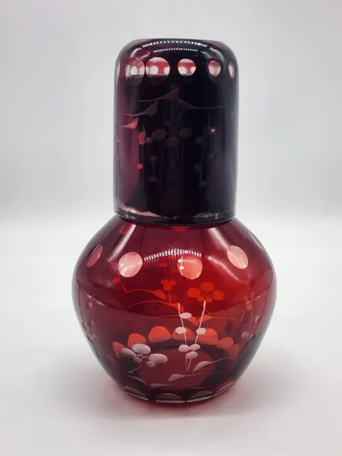 Vintage Bohemian Czech Ruby Cut to Clear Bedside Water Carafe Tumble Up & Glass