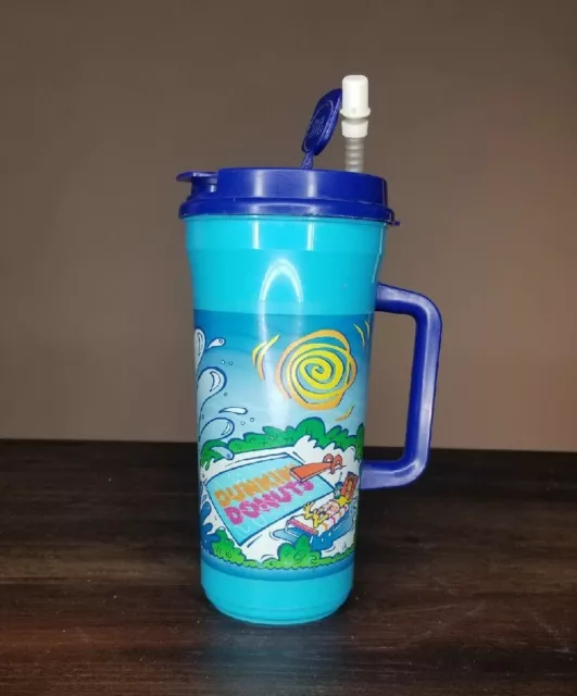 Vintage DUNKIN DONUTS Coffee Travel Mug 32oz WHIRLEY COOL DOWN QUICK Pool Party