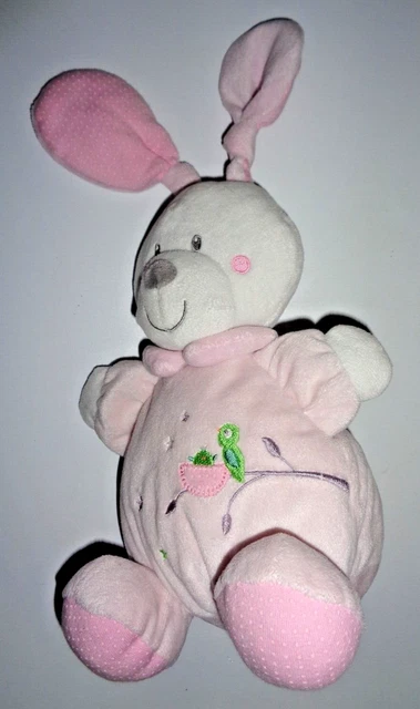 Jb5/ Doudou Peluche Nicotoy Lapin Rose Blanc Oiseau Nid Vert 22/32 Cm Exc Etat