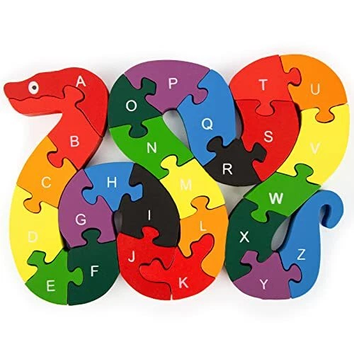 Alphabet Jigsaw Puzzle, Wooden Snake Letters Numbers Block Toys for Kids