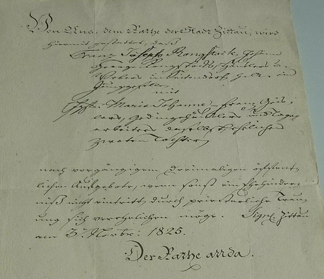 Document Zittau 1825: Mariage Franz Joseph Rongstock (Seitendorf) & Marie
