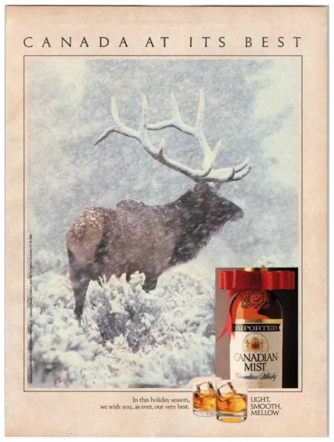 Canadian Mist Whisky "Canada at it's Best" Elk Snow Storm 1989 Print Ad 8"w x 11