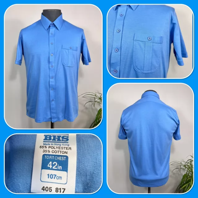 Vintage 1970s 80s Mens BHS Blue Cotton Blend Polo Shirt Size M 42"