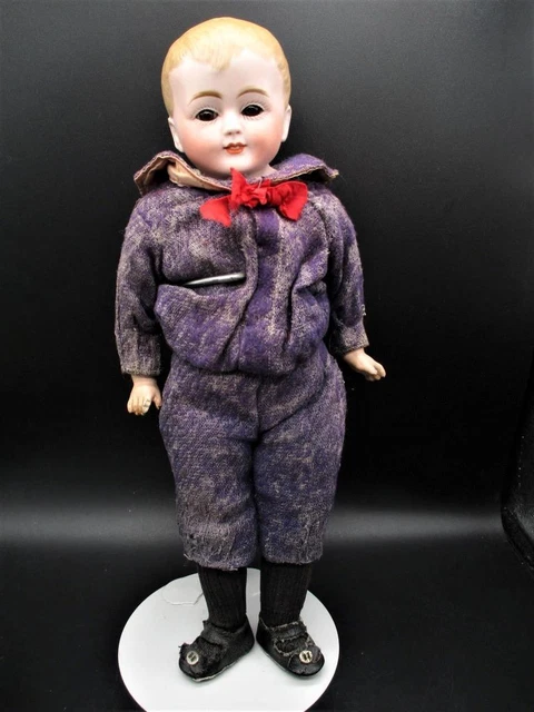 Antique German Gebruder Heubach 12" Character Boy Doll 2 Teeth Glass Eyes