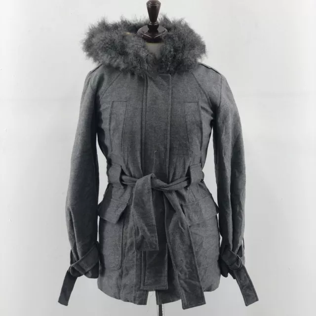 French Connection Denim Gray Wool Faux Fur Hood Tie Waist Full Zip Coat Womens 0