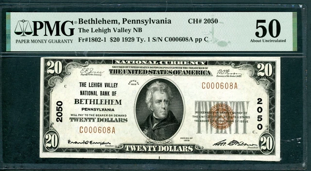 1929 $20 Ch #2050 National Currency Lehigh Valley Nb Of Bethlehem Pmg 50Au (126) 1929 $20 Ch #2050 National Currency Lehigh Valley Nb Of Bethlehem Pmg 50Au (126)