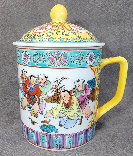 Vintage Longevity Famille Rose Mug w/ Lid Yellow Teal Textured Chinese Porcelain