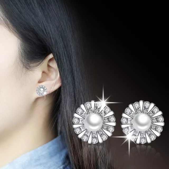 925 Sterling Silver Pearl CZ Flower Cluster Stud Earrings Women Girl Jewellery