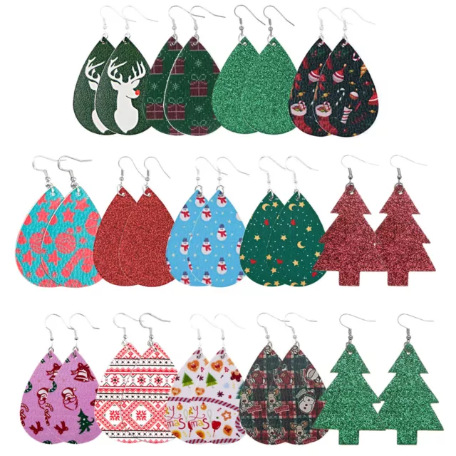 14 Pairs/set Leather Teardrop Christmas Tree Santa Reindeer Xmas Dangle Earrings